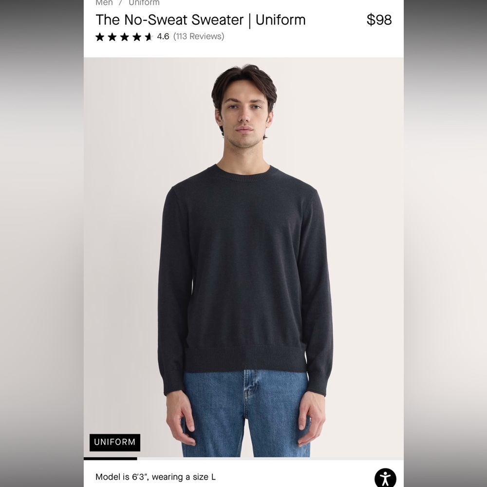 Everlane Men’s No Sweat Sweater Gray Crewneck Cotton Coolmax